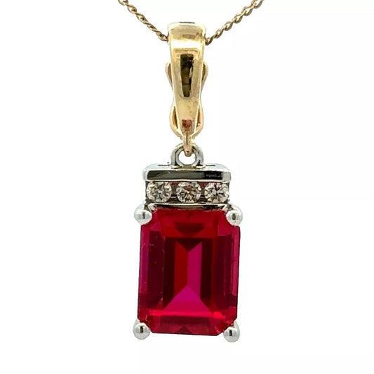 9Ct Two-Toned Gold Created Ruby & .10Ct Diamond Enhancer Pendant