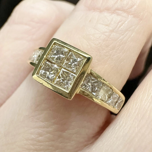 18Ct Yellow Gold 1.25Ct TW Princess Cut Invisible Set Diamond Ring Sz J