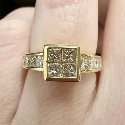 18Ct Yellow Gold 1.25Ct TW Princess Cut Invisible Set Diamond Ring Sz J