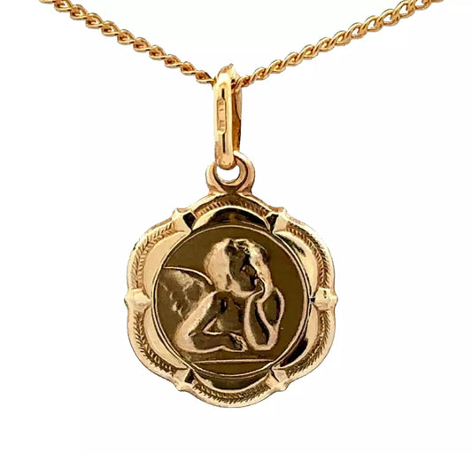 9Ct Yellow Gold 14mm Scalloped Edge Angel Pendant