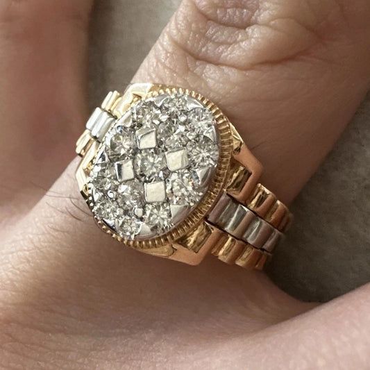 18Ct Rose & White Gold Cluster 1.15Ct Diamond Men's Ring Sz W VAL INCLUDED