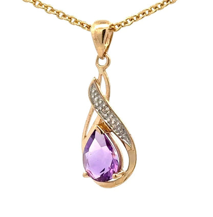 9Ct Yellow Gold Amethyst & Diamond Set Swirl Drop Pendant