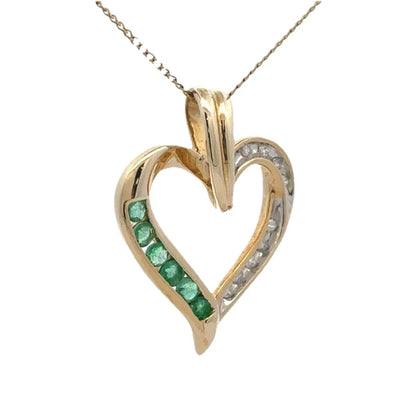 9Ct Yellow Gold Emerald & Diamond Heart Pendant