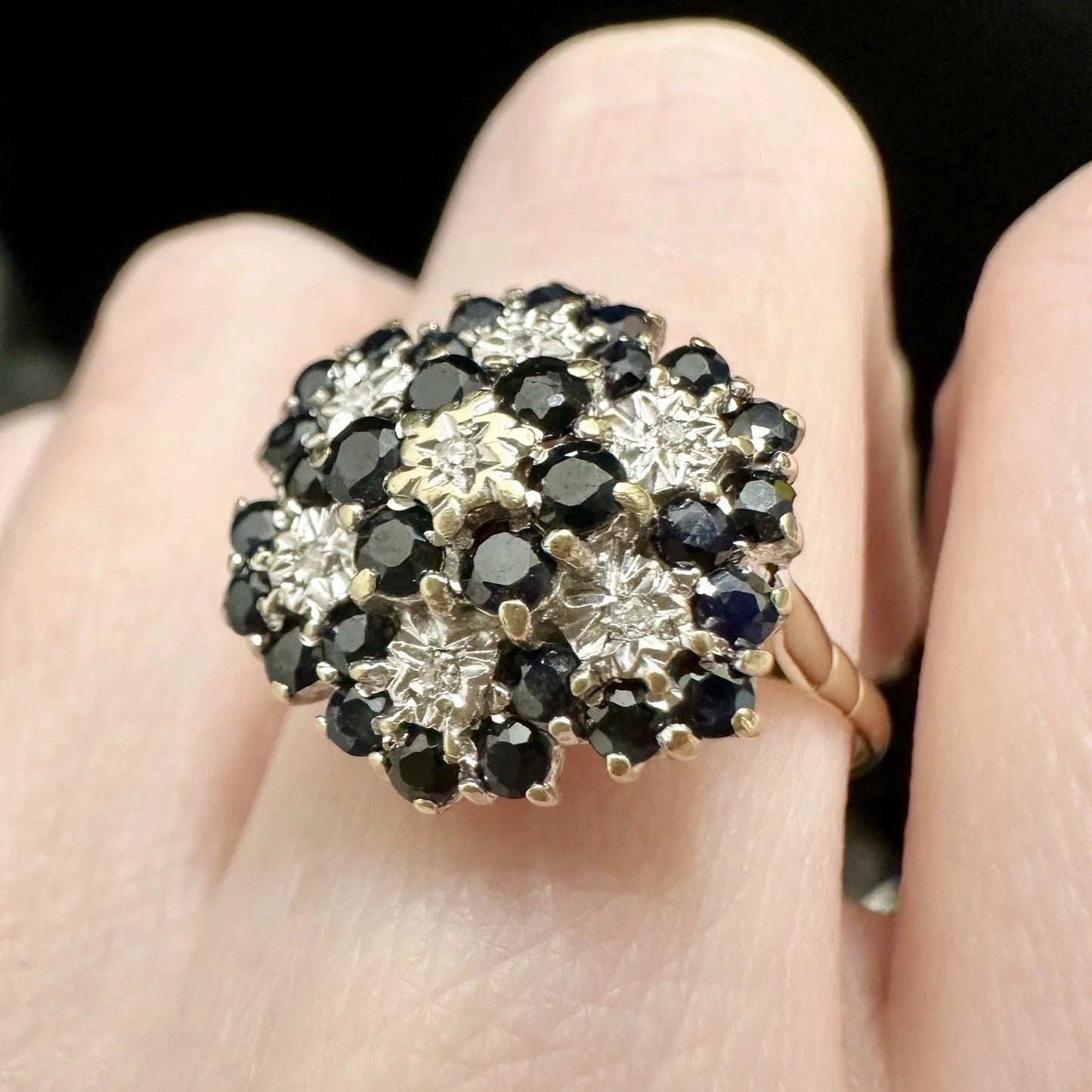 9Ct Yellow Gold Vintage Sapphire & .04Ct TW Diamond Ring Sz S