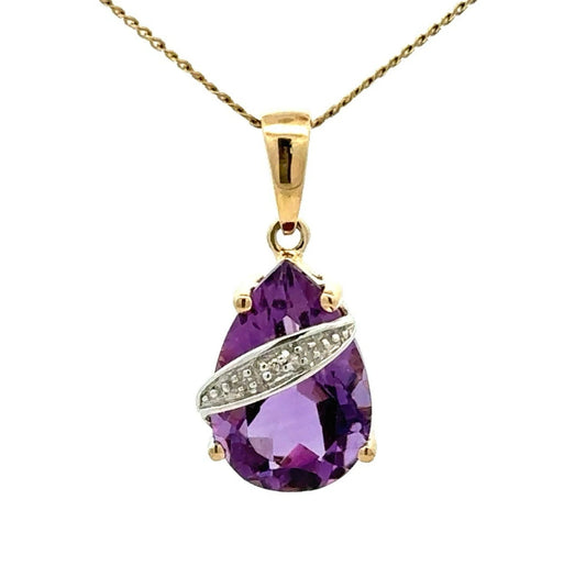 9Ct Yellow Gold Pear Shaped Amethyst & Diamond Accent Pendant