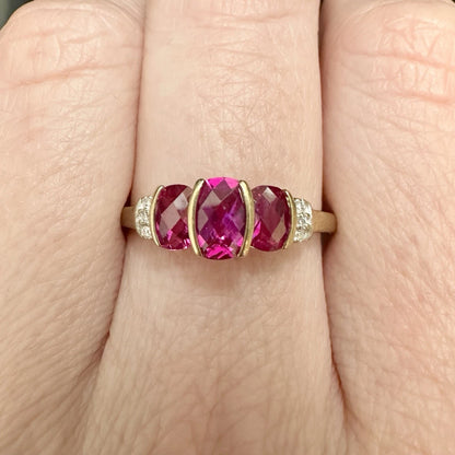 9Ct Yellow Gold Created Ruby Trilogy and Diamond Accent Ring Sz Q