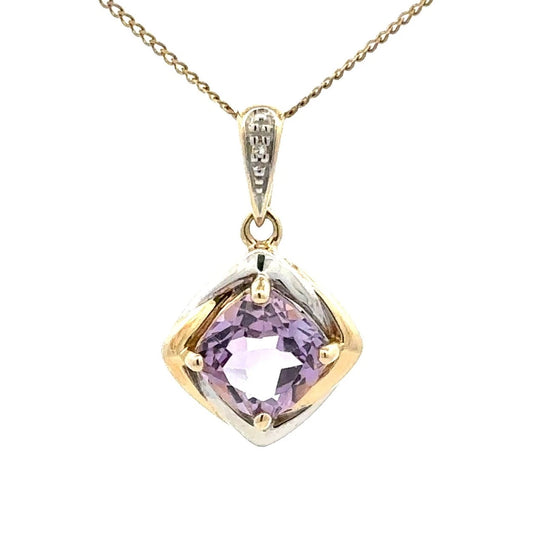 9Ct Two-Toned Gold Amethyst & Diamond Accent Pendant