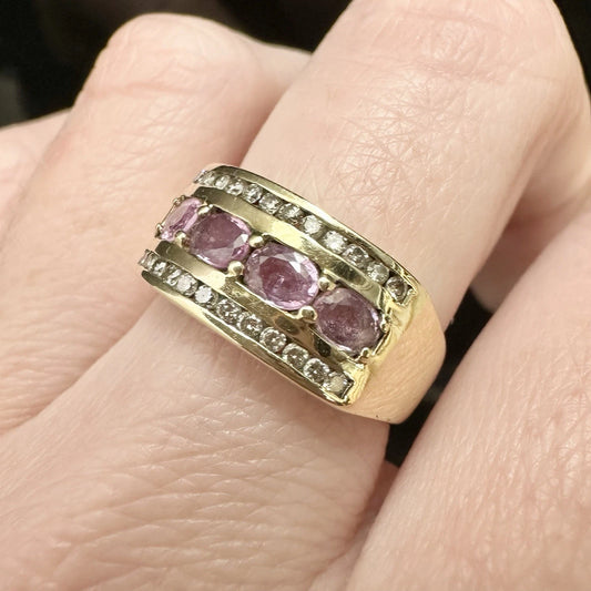 9Ct Yellow Gold Pink Sapphire & Diamond Band Ring Sz M 1/2