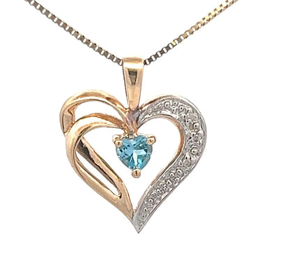 9Ct Two-Toned Gold Created Blue Topaz & Diamond Accent Heart Charm Pendant