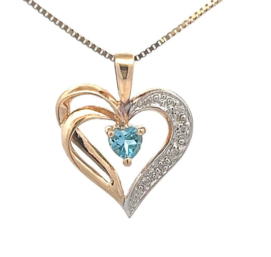 9Ct Two-Toned Gold Created Blue Topaz & Diamond Accent Heart Charm Pendant