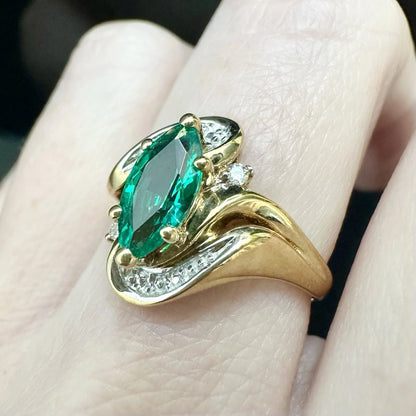 9Ct Yellow Gold Marquise Cut Created Emerald & Diamond Set Ring - Sz O