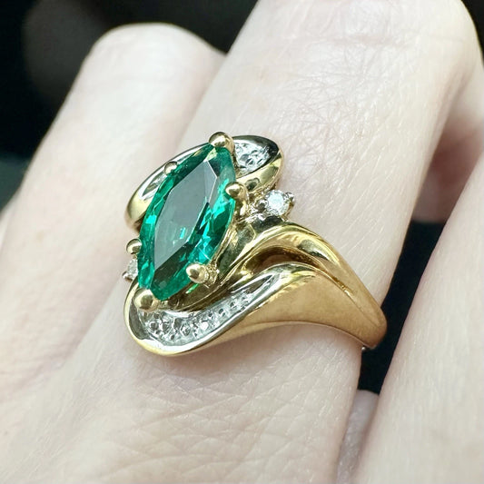 9Ct Yellow Gold Marquise Cut Created Emerald & Diamond Set Ring - Sz O