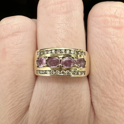 9Ct Yellow Gold Pink Sapphire & Diamond Band Ring Sz M 1/2