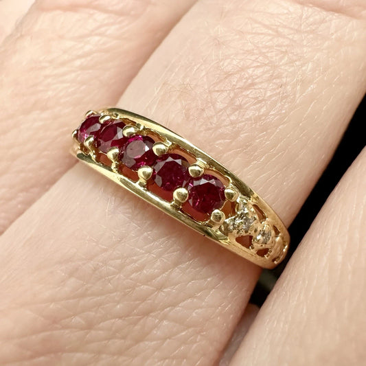 9Ct Yellow Gold Created Ruby & Diamond Accent Band Ring Sz N 1/2