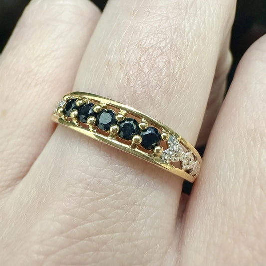 9Ct Yellow Gold Sapphire & Diamond Accent Band Ring - Sz Q 1/2
