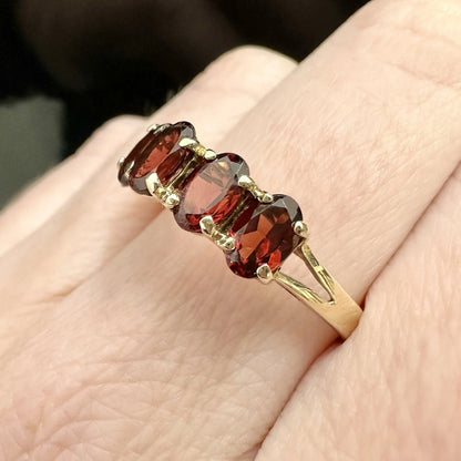 9Ct Yellow Gold Five Stone Garnet Band Ring Sz P 1/2