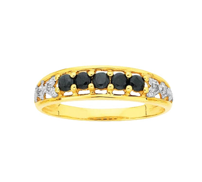 9Ct Yellow Gold Sapphire & Diamond Accent Band Ring - Sz Q 1/2