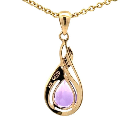 9Ct Yellow Gold Amethyst & Diamond Set Swirl Drop Pendant