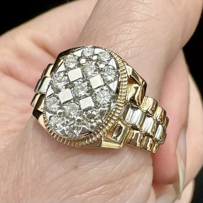 18Ct Rose & White Gold Cluster 1.15Ct Diamond Men's Ring Sz W VAL INCLUDED