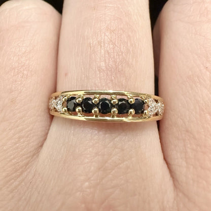 9Ct Yellow Gold Sapphire & Diamond Accent Band Ring - Sz Q 1/2