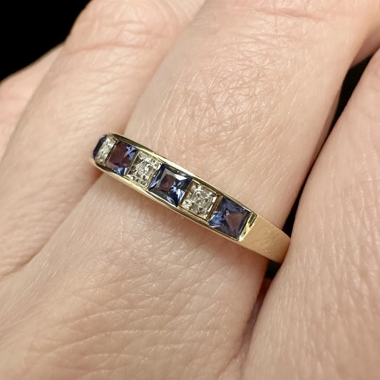 9Ct Yellow Gold Created Ceylon Sapphire & Diamond Band Ring Sz O