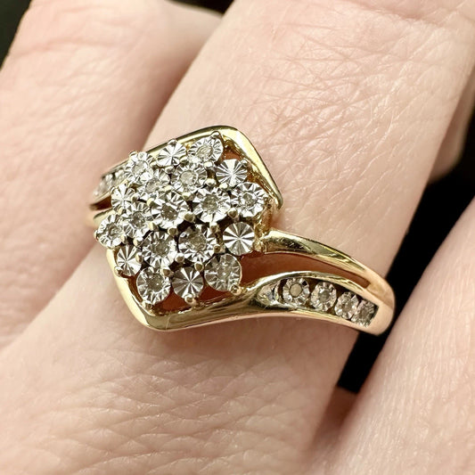 9Ct Yellow Gold .04 TW Diamond Miracle Set Cluster Ring Sz Q