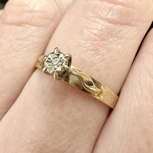 9Ct Yellow Gold Vintage High Rise Set Diamond Solitaire Ring Sz M