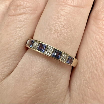 9Ct Yellow Gold Created Ceylon Sapphire & Diamond Band Ring Sz O