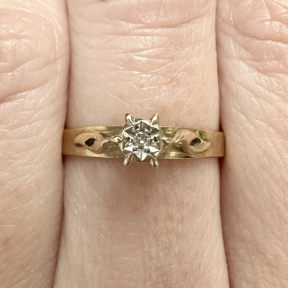9Ct Yellow Gold Vintage High Rise Set Diamond Solitaire Ring Sz M