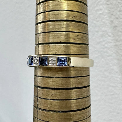 9Ct Yellow Gold Created Ceylon Sapphire & Diamond Band Ring Sz O