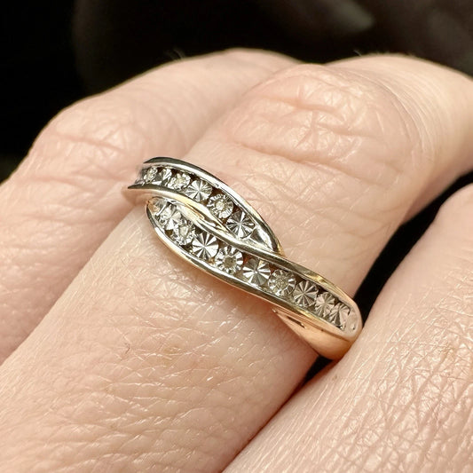 9Ct Rose Gold Miracle Set Diamond Crossover Band Ring Sz N 1/2