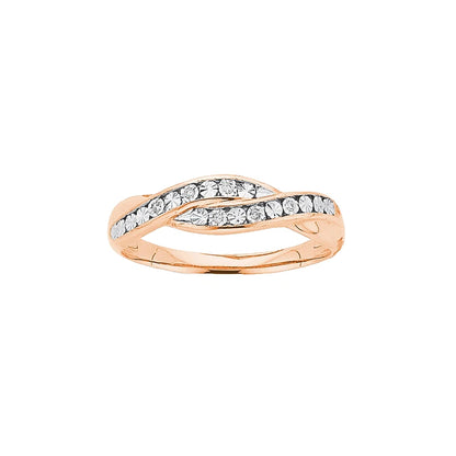 9Ct Rose Gold Miracle Set Diamond Crossover Band Ring Sz N 1/2