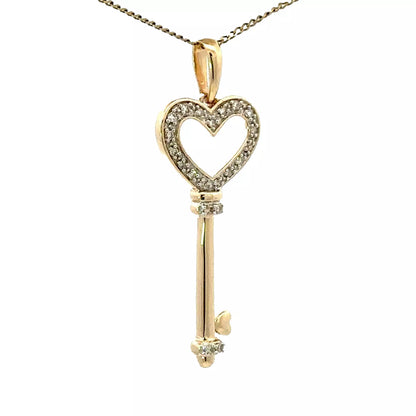 9Ct Yellow Gold .02 Carat TW Diamond Heart Key Charm Pendant