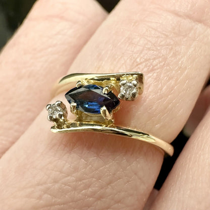 9Ct Yellow Gold Marquise Cut Sapphire & Diamond Accent Split Shank Ring Sz M