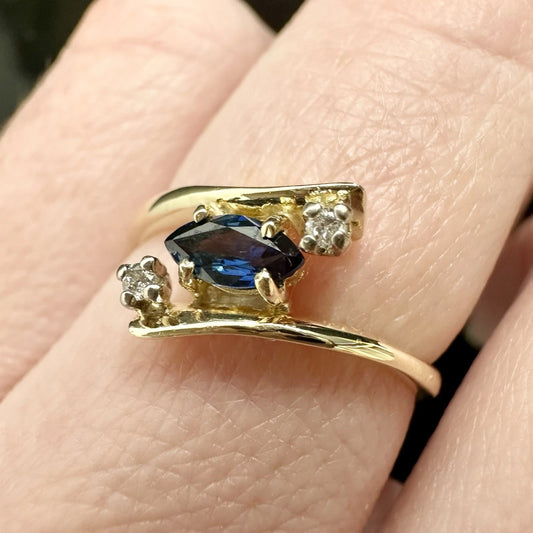 9Ct Yellow Gold Marquise Cut Sapphire & Diamond Accent Split Shank Ring Sz M