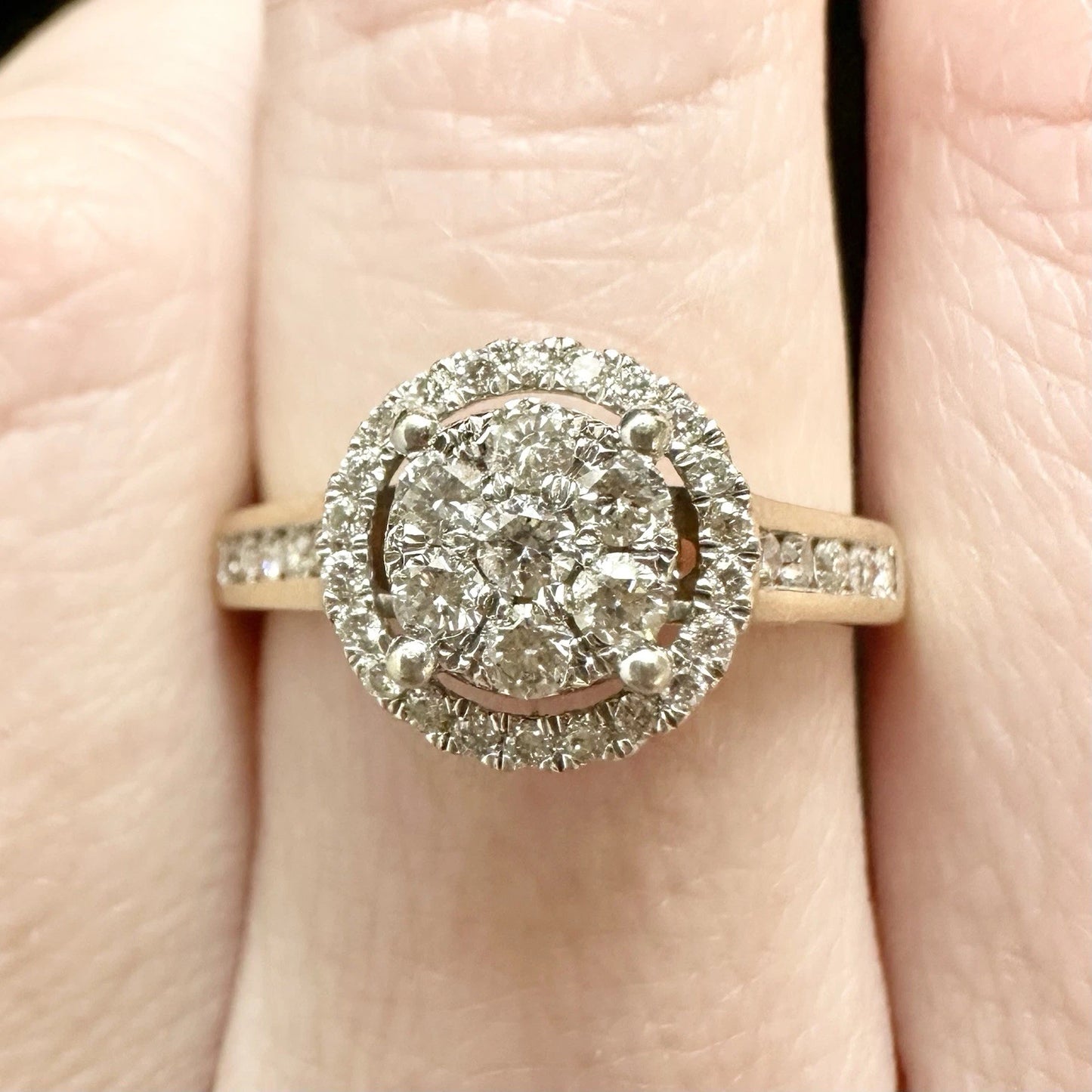 9Ct Yellow Gold 1/2Ct TW Diamond Halo Set Ring Sz O