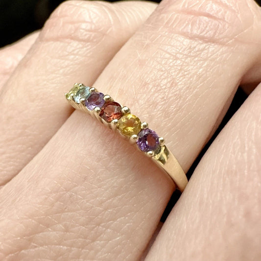 9Ct Yellow Gold Multi Gemstone Claw Set Ring Sz O