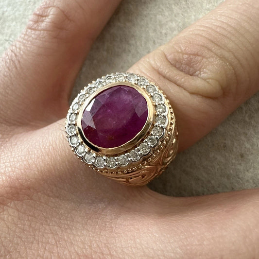 14Ct Rose Gold 4.07ct Natural Ruby & .43ct TW Diamond Men's Ring Sz Q 1/2