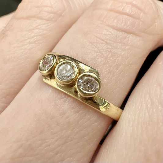 14Ct Yellow Gold .34Ct TW Diamond Simulant Trilogy Split Shank Ring Sz P 1/2