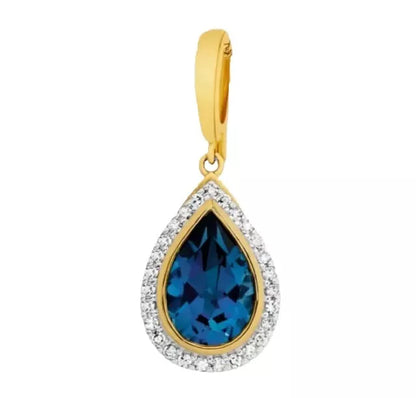 9Ct Yellow Gold London Blue Topaz & .20 Carat TW Diamond Enhancer Pendant