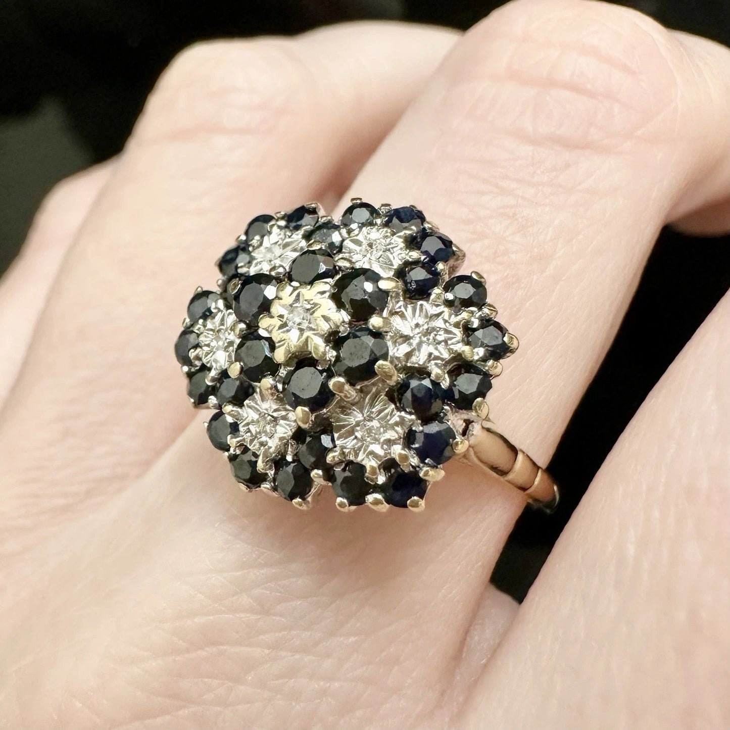 9Ct Yellow Gold Vintage Sapphire & .04Ct TW Diamond Ring Sz S