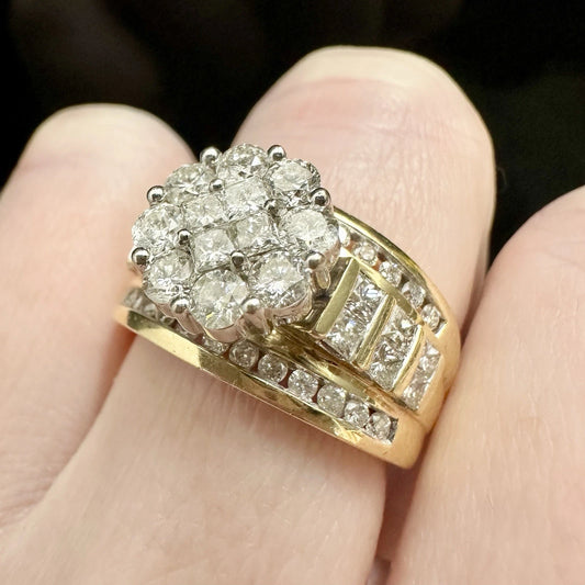 14Ct Yellow Gold 1.80 TW Diamond Three Row Cluster Ring Sz N 1/2