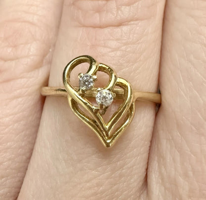 18Ct Yellow Gold Vintage Triple Heart .06 TW Diamond Simulant Ring Sz L 1/2