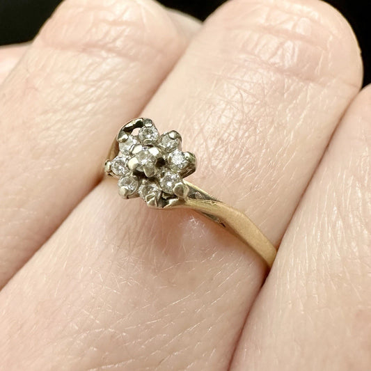 9Ct Yellow Gold Vintage Diamond Set Floral Ring Sz M