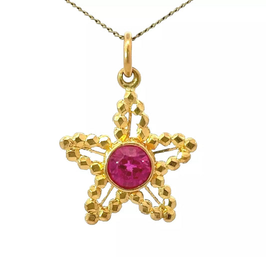 18Ct Yellow Gold Pink CZ Bezel Set Star Charm Pendant