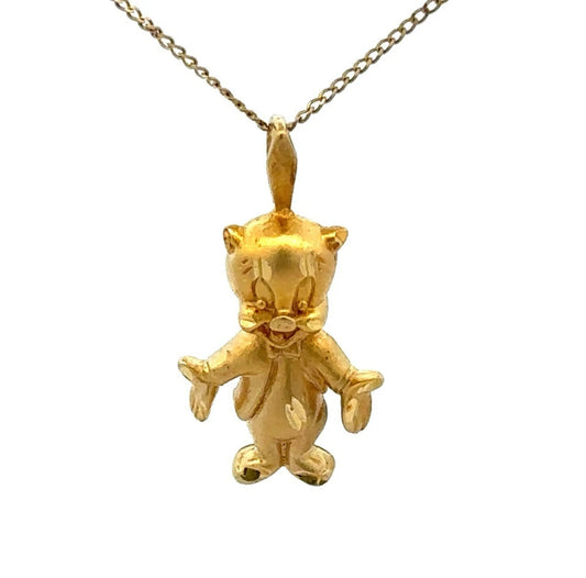 14Ct Yellow Gold Vintage Looney Tunes Porky Pig Slider Charm Pendant
