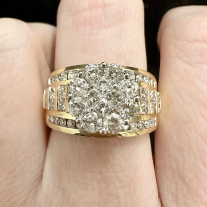 14Ct Yellow Gold 1.80 TW Diamond Three Row Cluster Ring Sz N 1/2