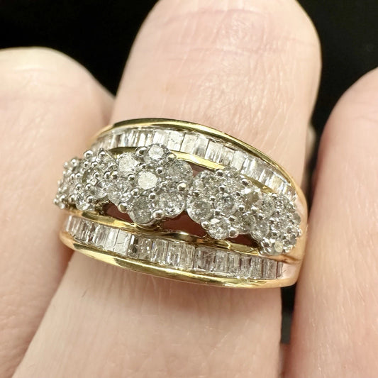 9Ct Yellow Gold .50 TW Baguette & Brilliant Cut Diamond Three Row Cluster Ring