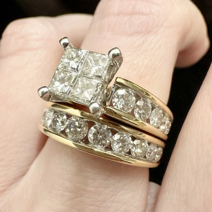 14ct Two-Tone Gold 3Ct TW Round Brilliant & Princess Cut Diamond Ring Set Sz M