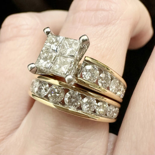 14ct Two-Tone Gold 3Ct TW Round Brilliant & Princess Cut Diamond Ring Set Sz M